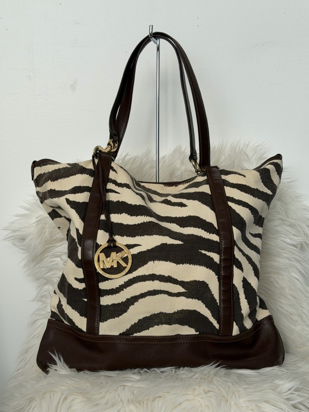 Michael Kors Cream & Brown Zebra-Print Leather-Trim Tote